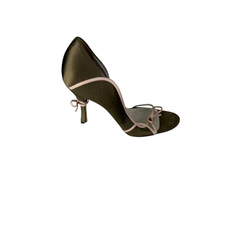 Christian Dior Kaki & Rose Couture Satin Heels Bow Size 37.5 US 7 Green Pink - Picture 3 of 10